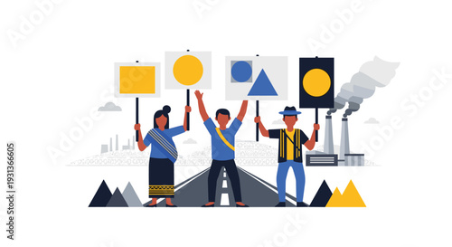 Three diverse protestors stand on a road holding signs with geometric shapes facing a smoking industrial factory in the background, Generative AI.