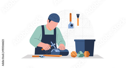 A person in a blue cap and apron carefully hammers a small object on a wooden surface surrounded by tools and geometric shapes, Generative AI.