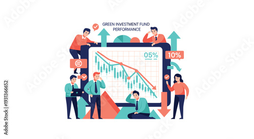 Multiple business people analyze a large screen showing a volatile Green Investment Fund Performance chart with both positive and negative trends, Generative AI.