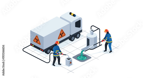 Two workers in protective gear manage hazardous waste one connecting a hose from a radioactive truck and the other pouring green liquid into a drain, Generative AI.