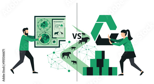 A man manages a biodiversity action plan while a woman pushes recycling boxes with a path of animals separating the two environmental concepts, Generative AI.