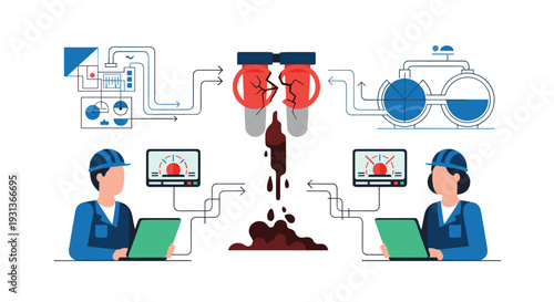 Two engineers in hard hats observe screens as dark oil leaks from broken test tubes into a central spill with industrial equipment in the background, Generative AI.