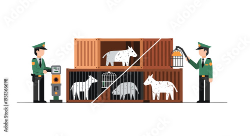Two border guards inspect stacked shipping containers filled with donkeys and pigs in cages with one guard holding a whip and birdcage, Generative AI.
