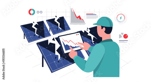 A male technician in a teal uniform examines a tablet with a declining graph amidst several cracked solar panels on a grid-patterned surface, Generative AI.