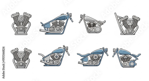 Motorcycle Engine and Frame Assembly Views.