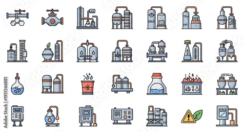 Industrial factory and plant icons collection.