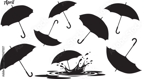 Black umbrellas falling into puddle on white background illustration