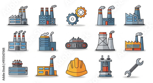 Industrial Factory Icons Set Illustration.