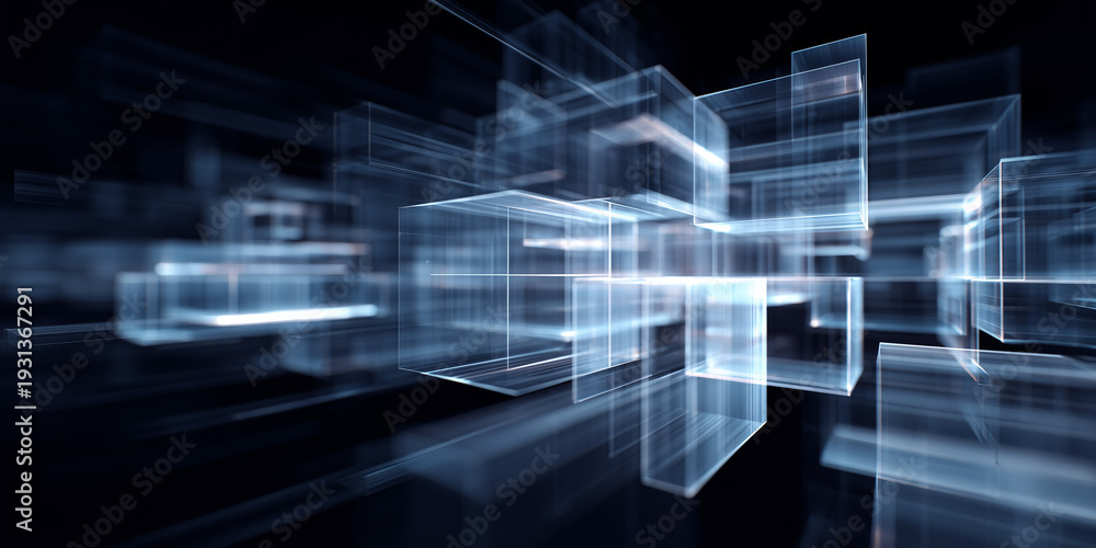 Fototapeta premium Transparent geometric cubes floating in digital space with motion perspective effect symbolizing data architecture and virtual computing systems 