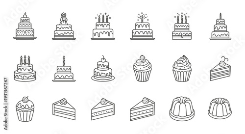 line art dessert icons featuring various cakes cupcakes and sweet slices for bakery and celebration designs
