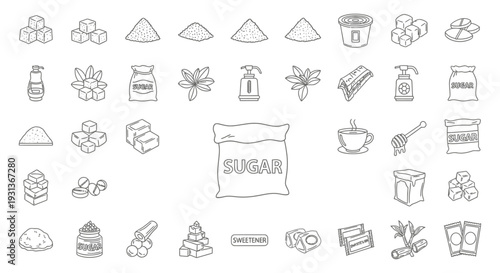 line art collection of sugar and sweetener icons illustrating various forms products and natural alternatives.