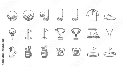 line art golf icons depicting essential equipment like clubs balls and carts perfect for sports-themed graphic designs