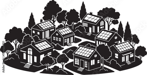 Solar powered homes in a suburban neighborhood setting illustration