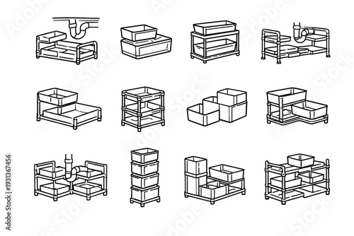 Under modular icon configuration silhouette vector stackable storage cabinet organization trays sink