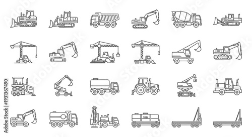 line art icons of construction vehicles and heavy equipment including excavators bulldozers cranes and dump trucks for design.