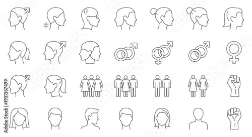 line art icons of diverse human profiles gender symbols and community groups illustrating identity social issues and demographics.