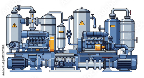 Industrial machinery complex with pumps and tanks illustration.