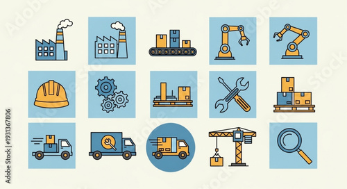 Industrial icons representing manufacturing logistics and construction elements.