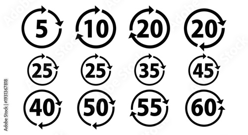 minimalist black refresh and time duration icons with numbers for various minutes perfect for uiux design web interfaces and digital timer concepts.