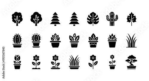 minimalist black silhouette plant and tree icons illustrating various botanical species for modern nature-themed graphic design elements.