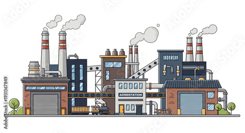 Industrial Factory Complex with Smokestacks.