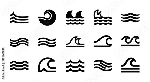 minimalist black wave icons and symbols depicting water movement and ocean currents ideal for modern graphic design and web elements