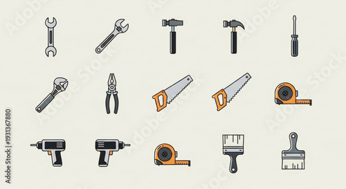 Collection of various hand tools and equipment for construction repair and diy projects on a neutral background