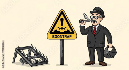 Businessman warns of boon trap with sign and bear trap cartoon