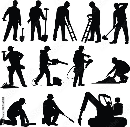 Construction worker silhouettes with tools ladder chainsaw sprayer excavator and manual labor activities vector illustration isolated on white background