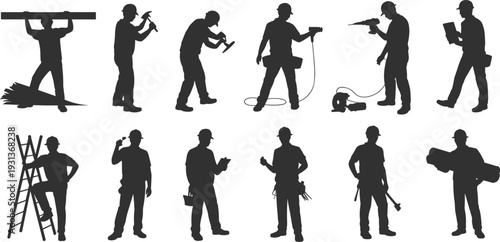 Construction workers silhouette set with builders using tools drill hammer ladder and equipment isolated on white background black vector illustration