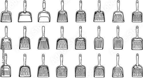 Set of various hand-drawn dustpans and litter scoops. Black and white sketch collection of cleaning tools and pet hygiene equipment for home.