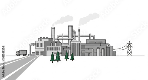 Industrial Factory Complex with Smokestacks.
