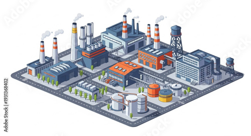 Industrial Factory Complex with Smokestacks.