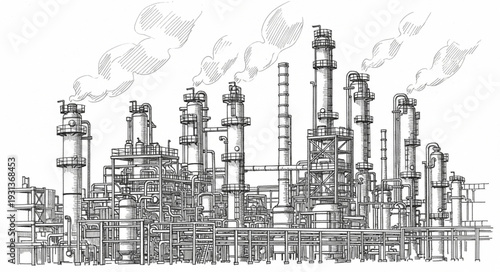 Industrial Factory Complex with Smokestacks.