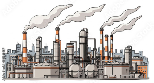Industrial Factory Complex with Smokestacks.