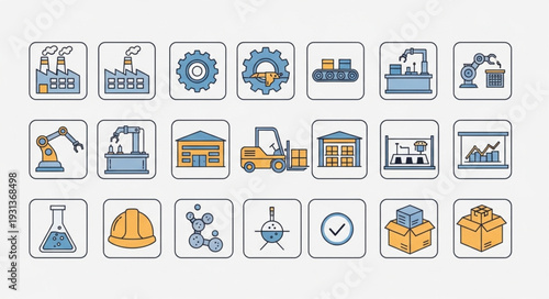 Industrial icons set for manufacturing and production processes.
