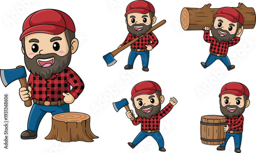 Cute cartoon lumberjack character set with axe and wooden log, bearded woodcutter mascot illustration isolated on white background for forestry concept