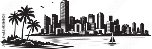 Miami Skyline Silhouette, Vector Illustration, Isolated on White Background