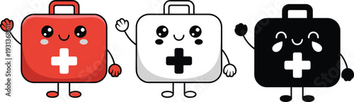 Cute medical first aid kit cartoon characters set with smiling kawaii faces isolated on white background healthcare mascot vector illustration