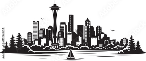 Seattle Skyline Silhouette, Vector Illustration, Isolated on White Background