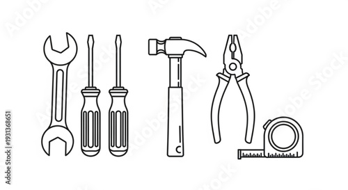 Set of basic hand tools for diy projects and home repair including wrench screwdrivers hammer pliers and tape measure on white background