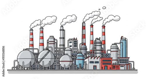 Industrial Factory Complex with Smokestacks.