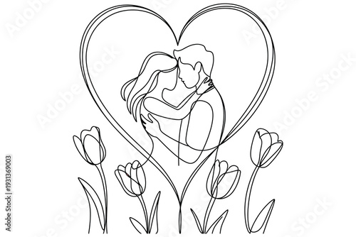 Loving couple embracing in a heart shaped garden