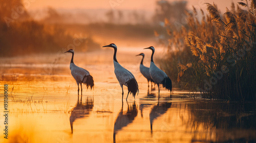 Group of elegant cranes standing in calm wetland water during golden sunrise light creating peaceful wildlife nature scene perfect for birdwatching and landscape themes
