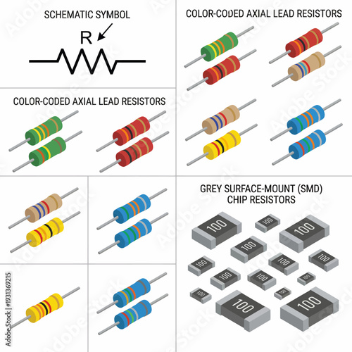 Electronic Resistors Component Guide with Color Coded Axial Lead Resistors and SMD Chip Resistors Infographic Vector Illustration