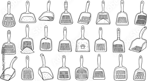 Hand-drawn Vector Set of Cat Litter Scoops for Pet Hygiene and Cleaning. Doodle Collection of Various Shovels for Cat Waste Removal.