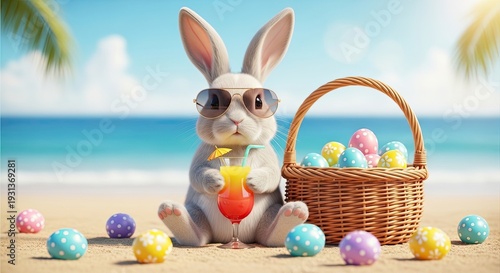 Easter bunny on beach with colorful eggs and basket