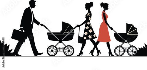 Family walking with baby stroller silhouette mother father pushing pram parenting lifestyle vector illustration isolated on white background