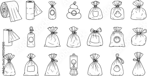 Hand-drawn doodle set of dog and pet poop waste bags, rolls, and dispensers. Black and white line art vector illustrations of pet cleaning supplies and accessories icons.