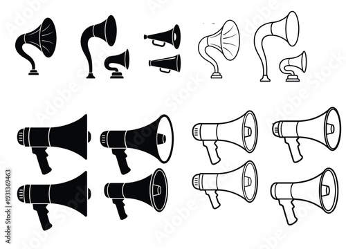 Vector illustration collection of megaphone icons, used for communication, alerts and promotions.